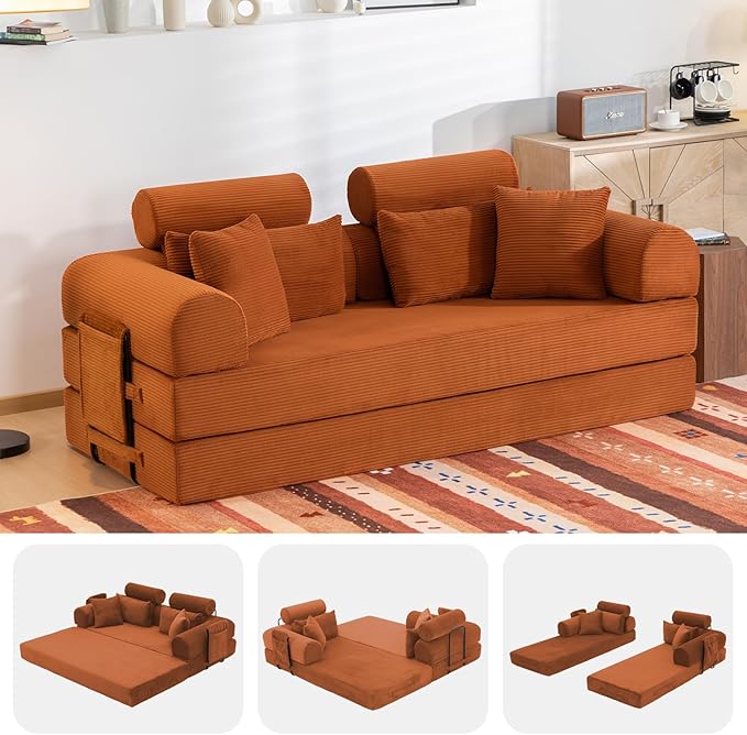 79" Convertible Boneless Couch for Small Spaces, 6-in-1 Corduroy Sofa Bed with High Backrest, Pillows, High-Density Foam Loveseat Sleeper Couch in a Box for Living Room, No Assembly, Orange