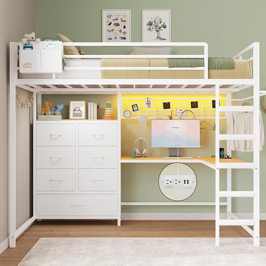 DICTAC Full Loft Bed with L-Shaped Desk and 7 Storage Drawers, Metal Full Size Loft Bed for Teen with LED Lights and Charging Station,13.11" H Safety Guardrail and Ladder,No Box Spring Needed, White
