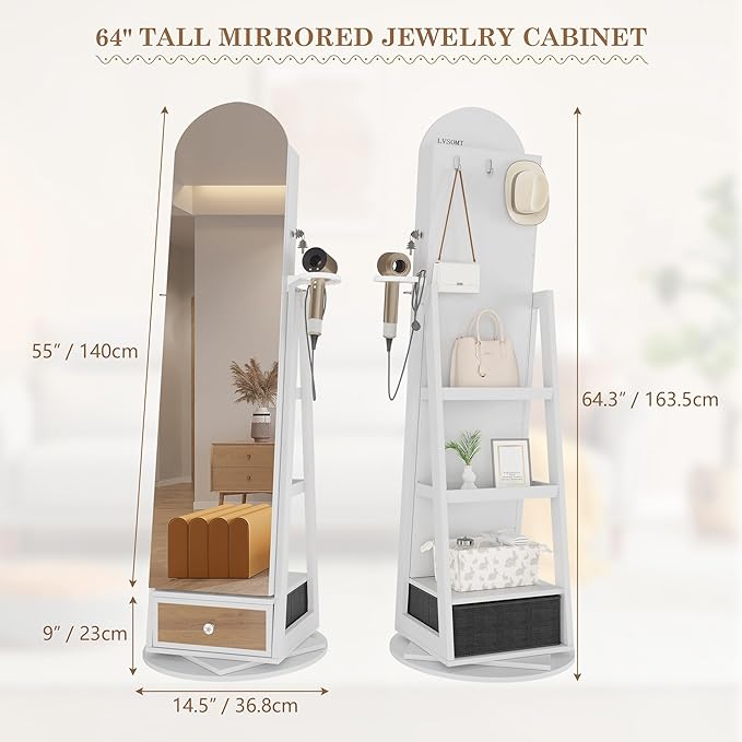 LVSOMT 64" H Arched LED Mirror Jewelry Cabinet Standing, 360° Swivel Full-Length Mirror with Storage, Lockable Jewelry Organizer with Inner Makeup Shelf, Gift for Women, White