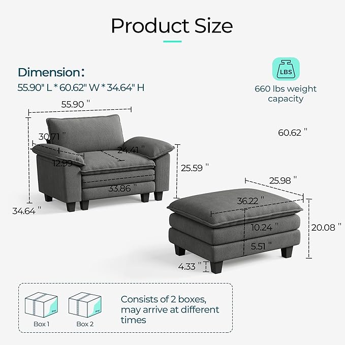 LINSY HOME Cloud Sofa Accent Chair with Ottoman Chaise Lounge Chair Indoor, Corduroy Couch Sofa Chair for Living Room Apartment Bedroom Office, Grey