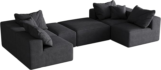 132" Modular Sectional Sleeper Sofa Couch, Modern Cloud Chenille Sectional Couch with Ottoman, Boneless U Shape Couches for Living Room, Free Combination, No Assembly Required, Black