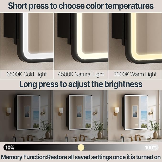 24x30 Inch Medicine Cabinet with Mirror, Recessed or Surface Mount Bathroom Medicine Cabinet with LED Lights, Anti-Fog, Memory Function, Adjustable Shelf, Dimmable Light, ETL Listed, Black,Left Hinge