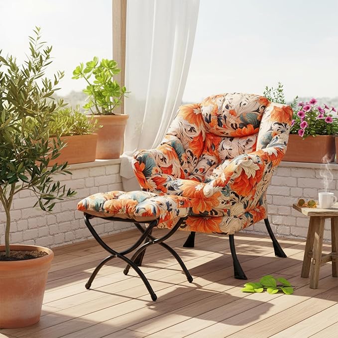Welnow Lazy Chair with Ottoman, Modern Accent Chair with Armrests and a Side Pocket, Leisure Sofa Armchair Set, Reading Armchair with Footrest for Small Space, Orange Blue