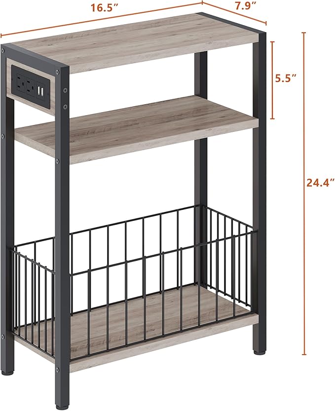 TRIFEBLE Narrow Side Table with Charging Station, Small End Table for Small Spaces, Slim Nightstand with Storage Basket, 3 Tier Skinny Bedside Table for Living Room, Bedroom, Greige