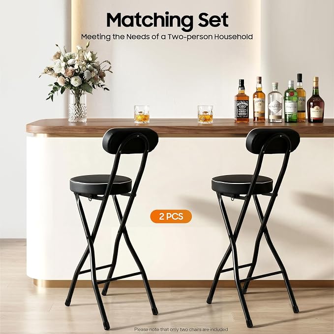 Folding Bar Stool with Back & Footrest, 38.5 in Tall Foldable Stool, Portable Stools, Counter Height Foldable Stools Chairs Seat Padded Collapsible Stool for Adults Kitchen Island, Set of 2, Black