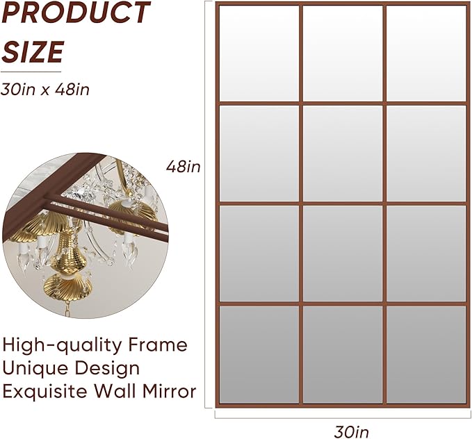 Suidia Wall Mirror, 30" x 48" Window Decorative Mirrors, Metal Framed Wall Decor Wall-Mounted Mirrors for Bedroom, Living Room, Entryway, Gold