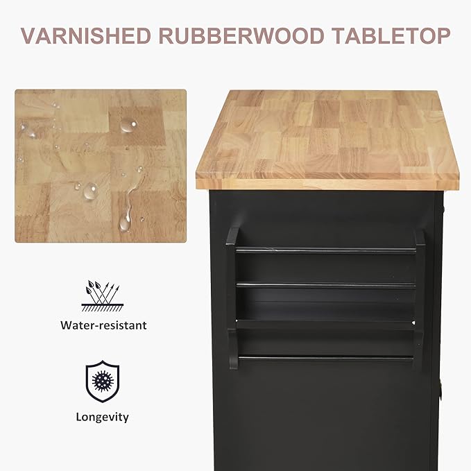 HOMCOM Kitchen Island Cart with Solid Wood Top, 44" Mobile Kitchen Island Table on Wheels with Storage Cabinets, 2 Drawers, Adjustable Shelves, Spice Rack & Towel Bar for Dining Room, Black