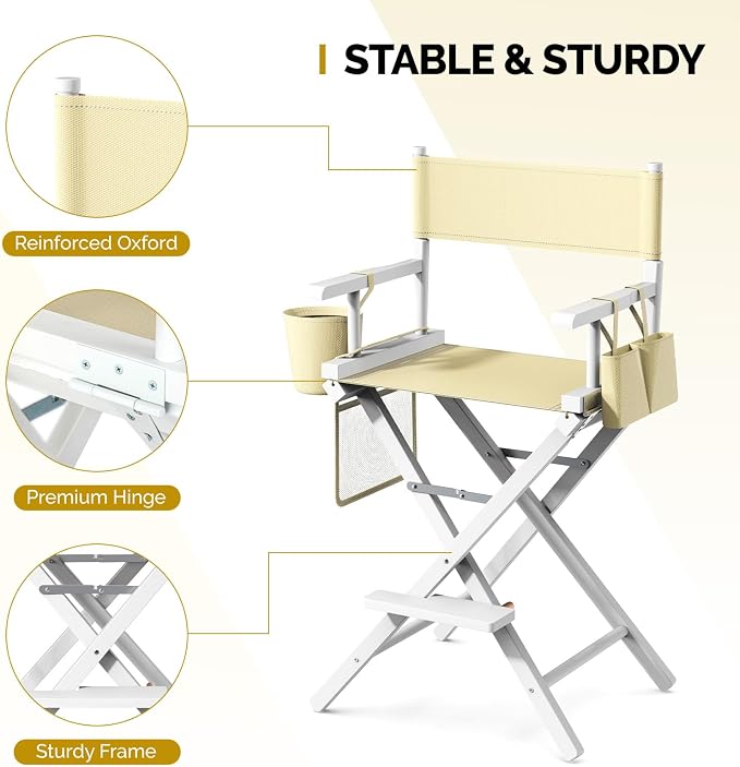 OmySalon 26" H Tall Directors Chair, Wooden Portable Folding Makeup Chair w/Storage Pouch & Footrest, Professional for Salon/Events/Mobile Services, 250lb Capacity, Beige Canvas