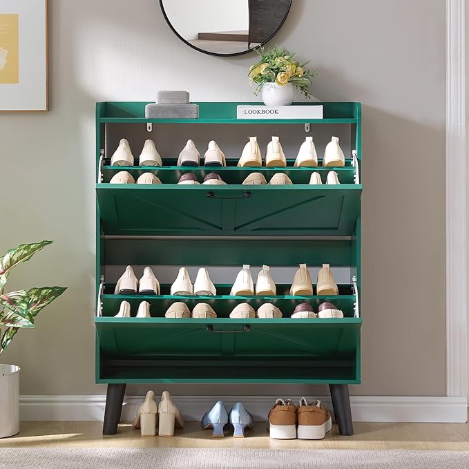 LEYAOYAO Shoe Cabinet Storage for Entryway with 2 Flip Drawers Rack Narrow Organizer Slim Hidden Wood Shoe Cabinet Furniture Green