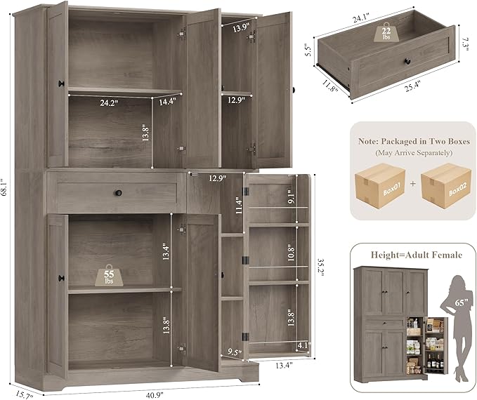 HOSTACK 68" Tall Kitchen Pantry Storage Cabinet, Modern Kitchen Hutch Cabinet with Doors and Shelves, Freestanding Food Pantry with Large Storage Drawer for Dining Room, Living Room, Ash Gray