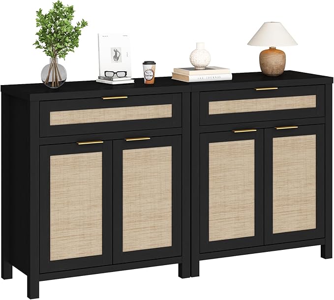 HOKYHOKY Rattan Sideboard Buffet Cabinet Set of 2, Boho Storage Cabinet with Adjustable Shelves, Farmhouse Credenza Coffee Bar Table with Doors & Drawer for Living Room, Hallway & Kitchen, Black