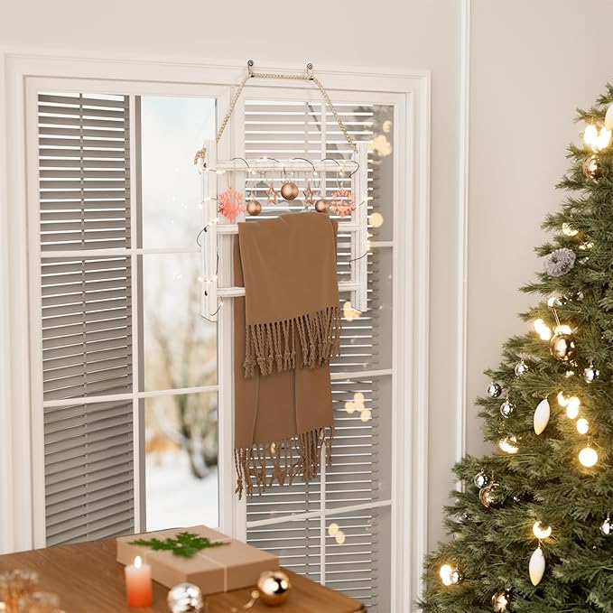 XLHOMO White Blanket Ladder Wall-Mounted, 3 Tier Wooden Rustic Mini Ladder Shelf for Living Room & Bathroom, Holder Display Hanger, Wall Hanging Blanket Rack with Rope for Home Christmas Decor