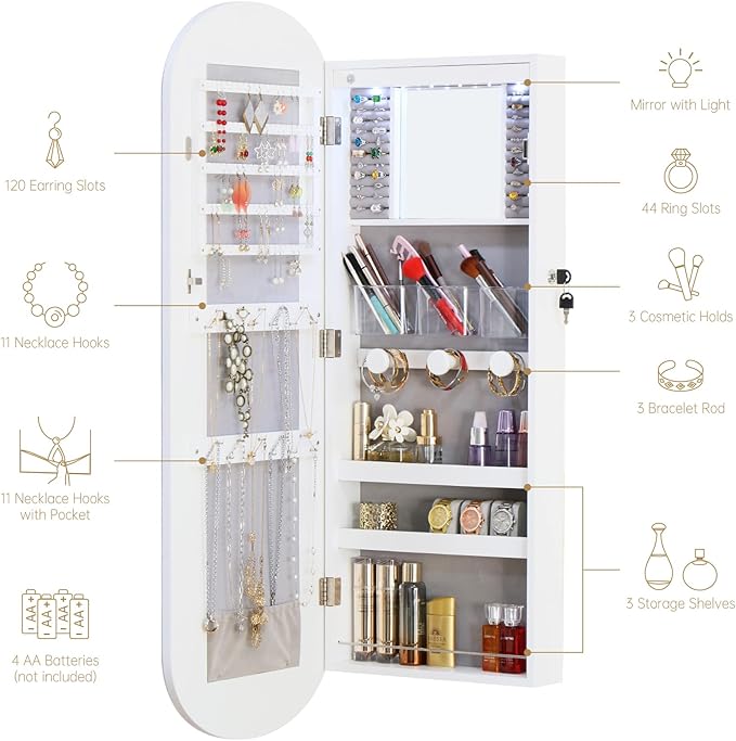 LED Jewelry Cabinet Wall/Door Mounted,RGB Lighted Mirror Jewelry Armoire Organizer Over the Door Full-Length Lockable Rounded Wide Mirror with Storage Interior Mirror Gift for Her Chrismas White