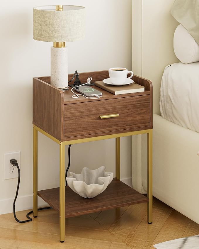 Masupu Nightstand with Charging Station, 3-Tier Modern Bedside Night Stand with Storage Drawer and Shelf, Small End Side Table for Bedroom, Living Room, Walnut