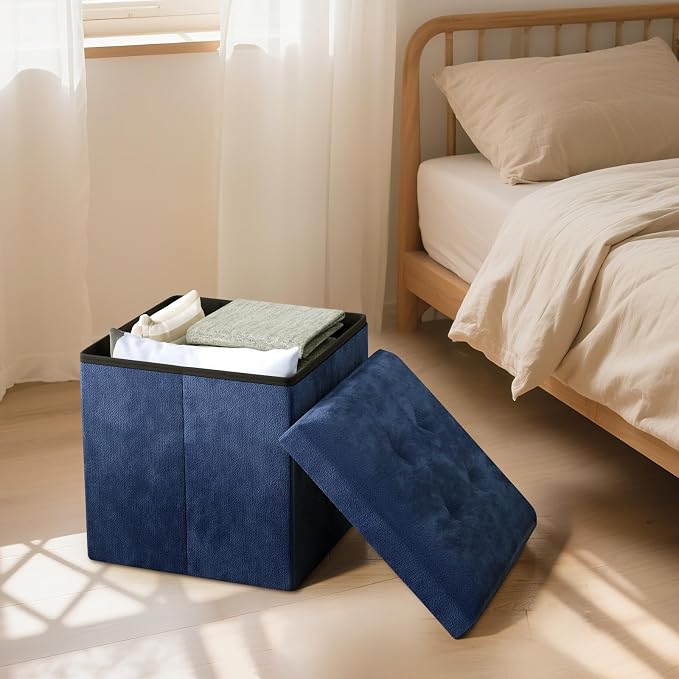 Storage Ottoman Bench, 15 Inch Ottoman Foot Rest, End of Bed Bench, Storage Chest for Living Room, Bedroom, Entryway, Navy Blue