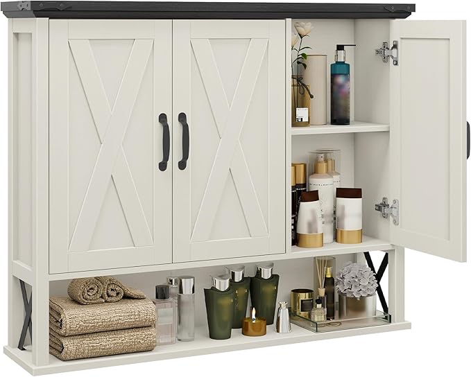 Halitaa Bathroom Wall Cabinet, Farmhouse Medicine Cabinet with Adjustable Wood Shelf & 3 Doors, Over The Toilet Storage Cabinet for Wall Mounted for Bathroom Laundry Room Kitchen, White and Black