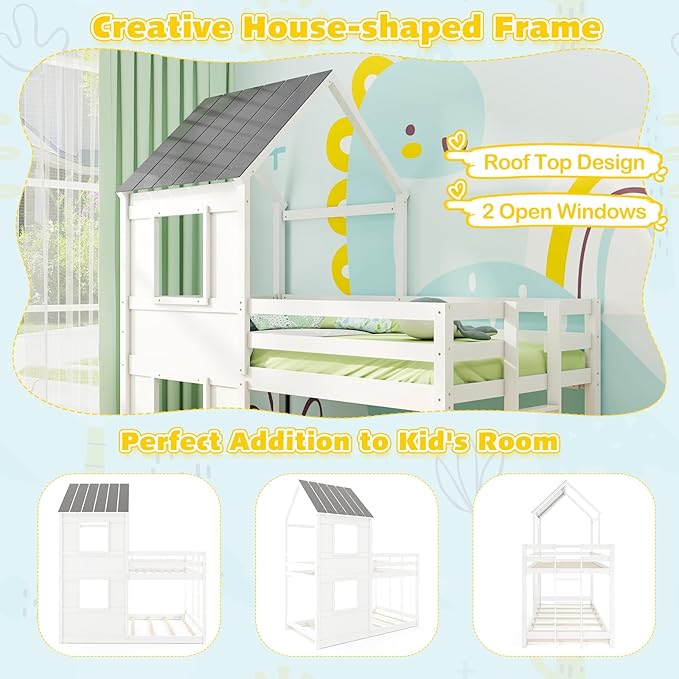 Giantex House Bunk Bed Twin Over Twin, Solid Wood Floor Bunk Bed with Built in Ladder, Window & Safety Guardrail, Wooden Kids Low Bunk Beds for Teens Boys & Girls, No Box Spring Needed, White