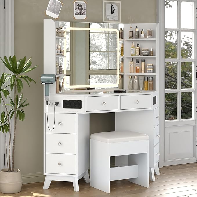 Yanosaku Corner Vanity Desk with Buil-in Speaker, 8 Drawers & 6 Shelves, Makeup Vanity with Glass Top, Modern Vanity with Mirror and Lights, 3 Color Lighting Modes, Dressing Table for Bedroom, White
