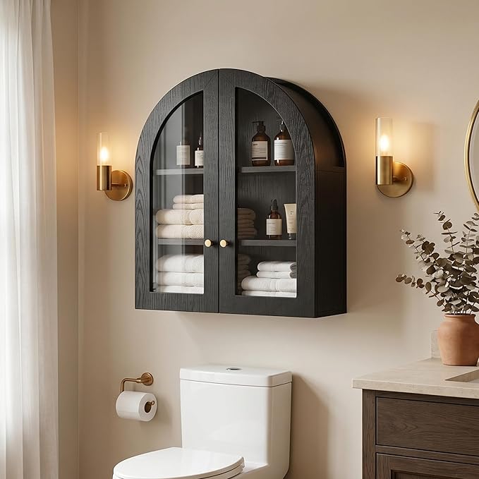 Arched Wall Cabinet, Bathroom Cabinet Wall Mount with Glass Doors & Adjustable Shelf, Floating Medicine Cabinet for Bathroom, Kitchen, Living Room Storage, Black