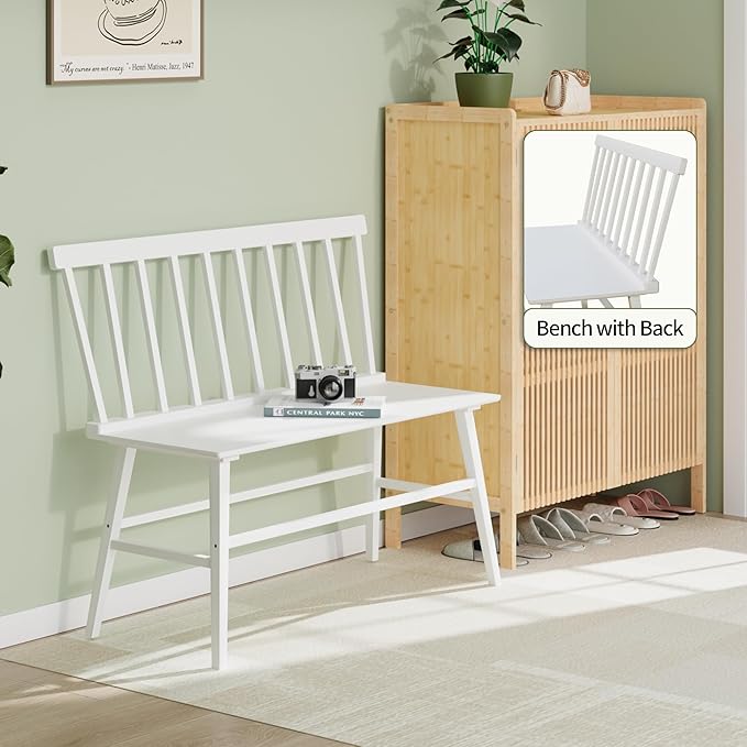 APRTAT Bamboo Entryway Bench, Farmhouse Dining Bench with Spindle Back 3 Person Indoor Bench Chair Wood Windsor Bench Easy Assembly for Foyer Balcony Hallway Living Room (White)