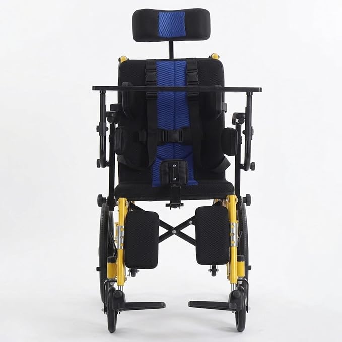 Pediatric Full Reclining Wheelchair - Heavy Duty 220 lbs Capacity Folding Kids Wheelchair with Elevating Footrest, Headrest & Meal Tray, Portable Mobility Aid for Children with Special Needs (Yellow)