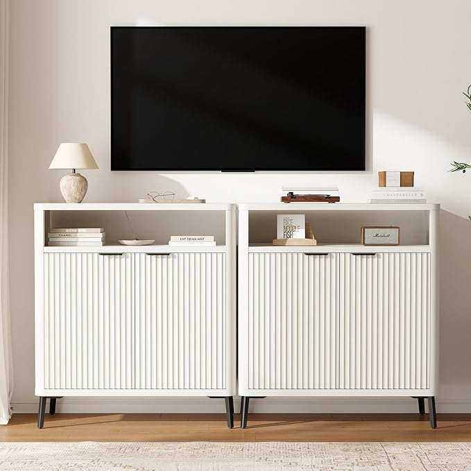 Fatmok Fluted Buffet Cabinet with Storage Set of 2, 31.4" Wide Wood Sideboard Credenza with 2 Doors & Open Storage Shelf, Modern Coffee Bar Table for Living Room Kitchen Dining Room,White