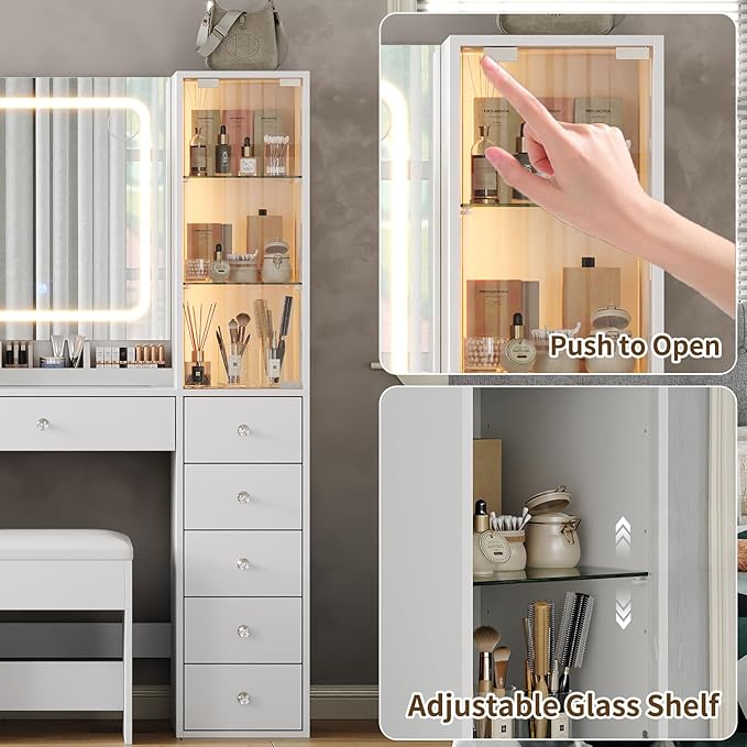 Yanosaku Vanity with 11 Drawers & 2 RBG Lights Cabinets, Makeup Vanity with Mirror and Lights, Vanity Desk with Power Outlet, Tempered Glass Top, Ample Storage, Makeup Vanity Desk for Bedroom, White