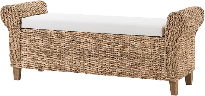 HULALA HOME Rattan Storage Bench with Rolled Armrests, Boho Wicker End of Bed Bench for Bedroom Entryway Living Room, Water Hyacinth Frame, Natural