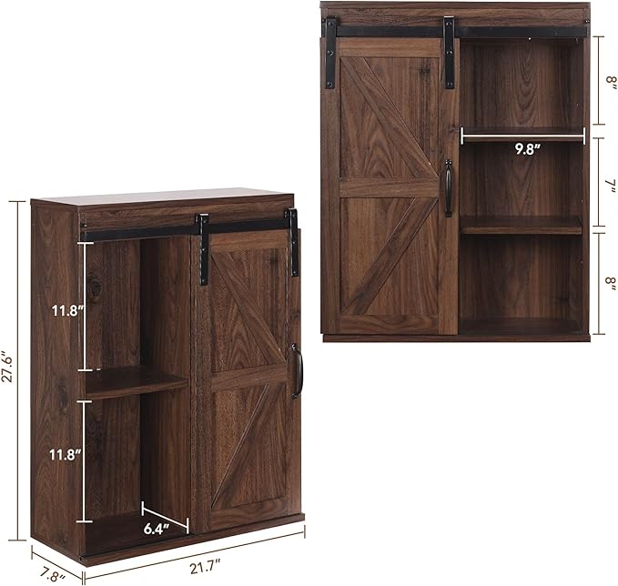 RUSTOWN Farmhouse Wood Wall Storage Bathroom Cabinet with Sliding Barn Door, Rustic Medicine Cabinet with Adjustable Shelf, 3-Tier Vintage Cabinet for Kitchen Dining, Bathroom, Living Room (Walnut)