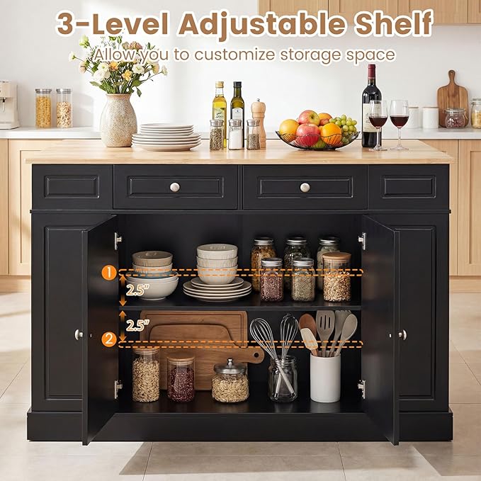 Giantex Kitchen Island with Storage & Drop Leaf, 48" Stationary Island Table with Rubber Wood Top, 2 Drawers, Cabinet, Adjustable Shelf, Butcher Block Island for Living Dining Room, Bar (Black)