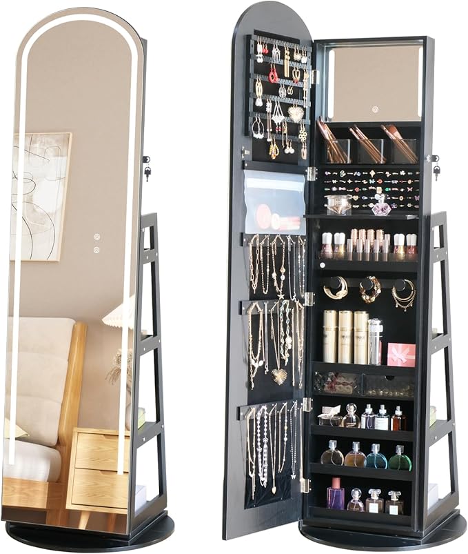 Arched Rotating Jewelry Cabinet with LED Lighted Full Length Mirror & Built-in LED Vanity Mirror, Lockable Standing Jewelry Armoire, Large Storage Organizer for Jewelry (Black)