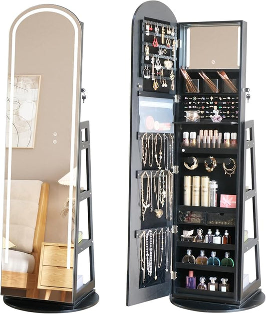 Arched Rotating Jewelry Cabinet with LED Lighted Full Length Mirror & Built-in LED Vanity Mirror, Lockable Standing Jewelry Armoire, Large Storage Organizer for Jewelry (Black)