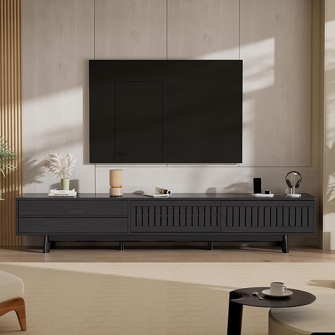 TV Stand for up to 85 Inch TVs, 78.7" Entertainment Center with Storage & Power Outlet, Mid Century Modern Media Console w Drawers and Sliding Door, Television Stands for Living Room, Black