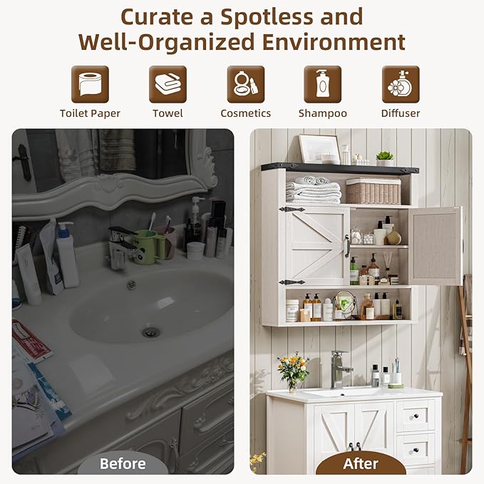 Bathroom Wall Cabinet, Farmhouse Medicine Cabinet with Adjustable Shelves and 2 Barn Doors, Wall Mounted Over the Toilet Storage Cabinet for Bathroom, Laundry Room, Kitchen, Rustic White and Black