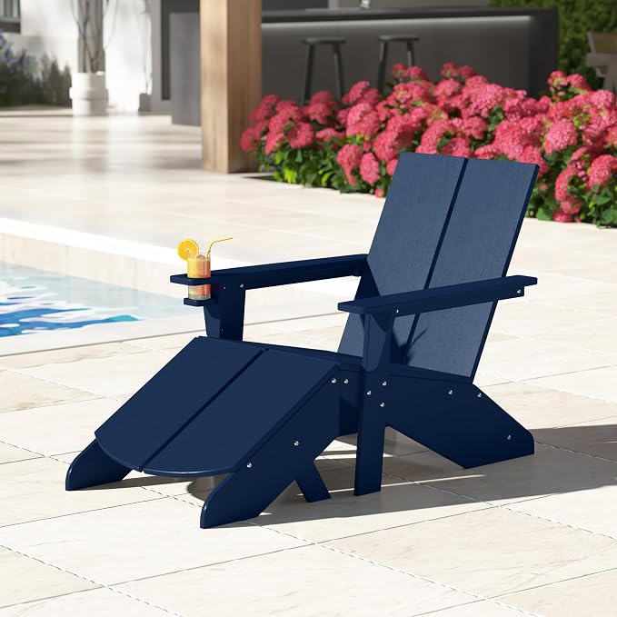 Costaelm Seaview Modern HDPE Plastic Folding Patio Adirondack Ottoman, Navy Blue