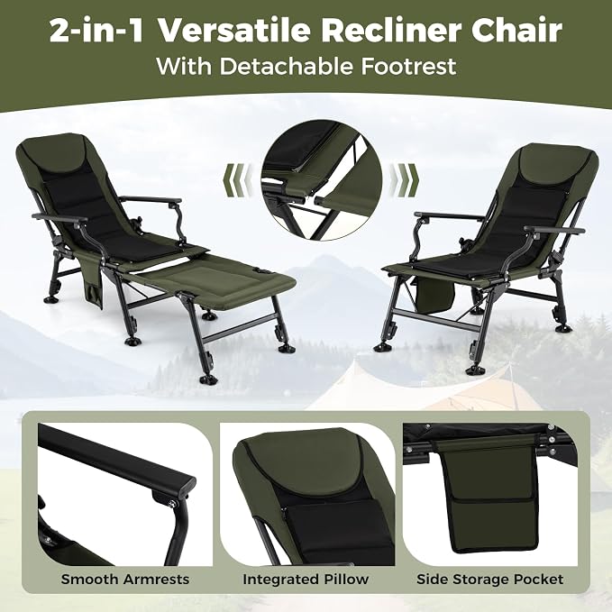 Goplus Foldable Fishing Chair for Adults, Heavy Duty All-Terrain Camping Chair with Detachable Footrest, Padded High-Back, Armrest, Adjustable Feet, Portable Recliner for Outdoor Patio Beach