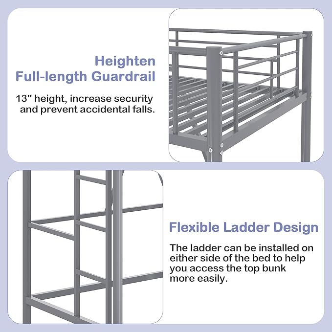 VECELO Loft Bed Twin Size, Metal Bedframe with Removable Ladder and Safety Guardrail, No Box Spring Needed, Space Saving, Noise Free, Light Grey
