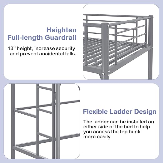 VECELO Metal Loft Bed Twin Size, Heavy Duty Bedframe with Removable Ladder and Safety Guardrail, Space-Saving, Noise Free, No Box Spring Needed, Grey