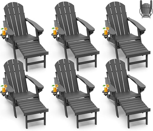 GREENVINES Adirondack-Chairs-with-Ottoman | Set of 6 | Folding | Retractable-Footrest | HDPE Plastic | All Weather Fire Pit Chair | Cup Holders | Grey | for Outdoor Poolside