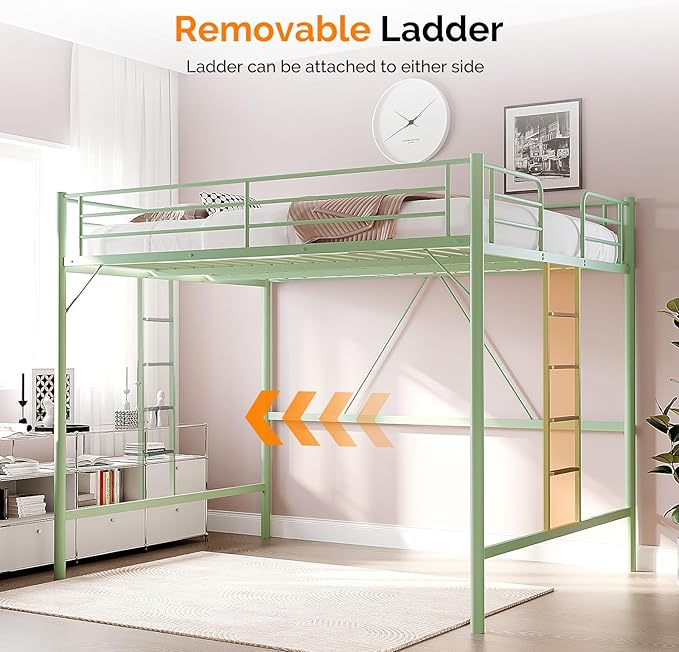 VINGLI Full Loft Bed with Flat Rungs for Adults, Kids and Young Teens, No Box Spring Required,Heavy Duty Metal Slat Support, Green
