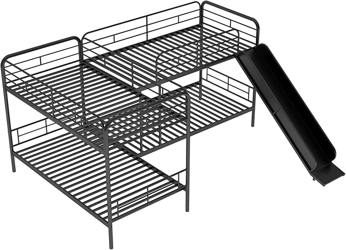Bellemave Quad Bunk Beds with Slide L-Shape Bunk Bed for 4 Twin Over Twin Metal Bunked Frame for Kids Boys Girls Teens, Black