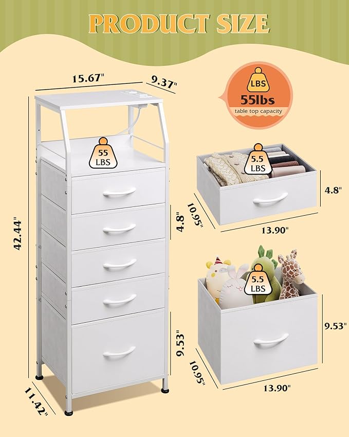 WLIVE LED Nightstand with Charging Station, White Dresser with 5 Fabric Drawers for Bedroom, Tall Night Stand with Open Shelves, Bed Side Tables Living Room