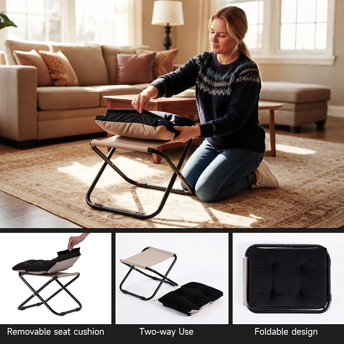 Welnow Folding Foot Stool, Upholstered Small Accent Ottoman with Detachable Thick Cotton Cushion, Padded Sofa Stool with Straight Metal Legs for Lazy Chair, Living Room, Bedroom, Black
