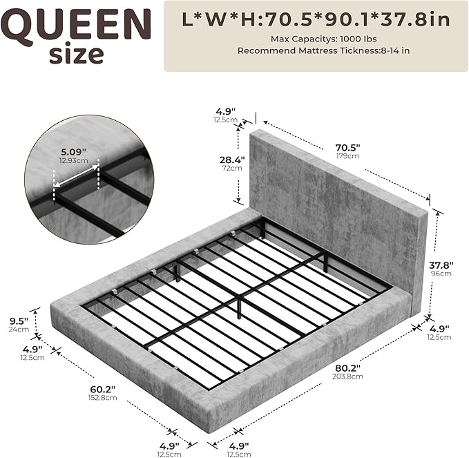 RECCI AirFrame Queen Bed Frame with Headboard, Cloud Upholstered Platform Bed Frame, 5 Inch Foam Cushioned, No Box Spring, Easy Assembly(Moon Grey)