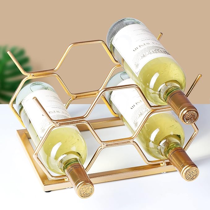 Countertop Wine Rack - 5 Bottle Freestanding Modern Gold Metal Small Wine Rack - Tabletop Wine Holder Stand for Cabinet, Pantry, Wine Bottle Storage…