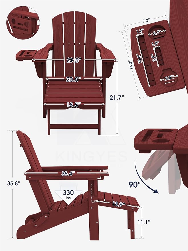 KINGYES Adjustable Folding Adirondack Chair with Footrest & 4-in-1 Multi-Functional Armrest Organizer Set of 4, HDPE Foldable Recliner Adirondack Chair with Pull-Out Ottoman, Red