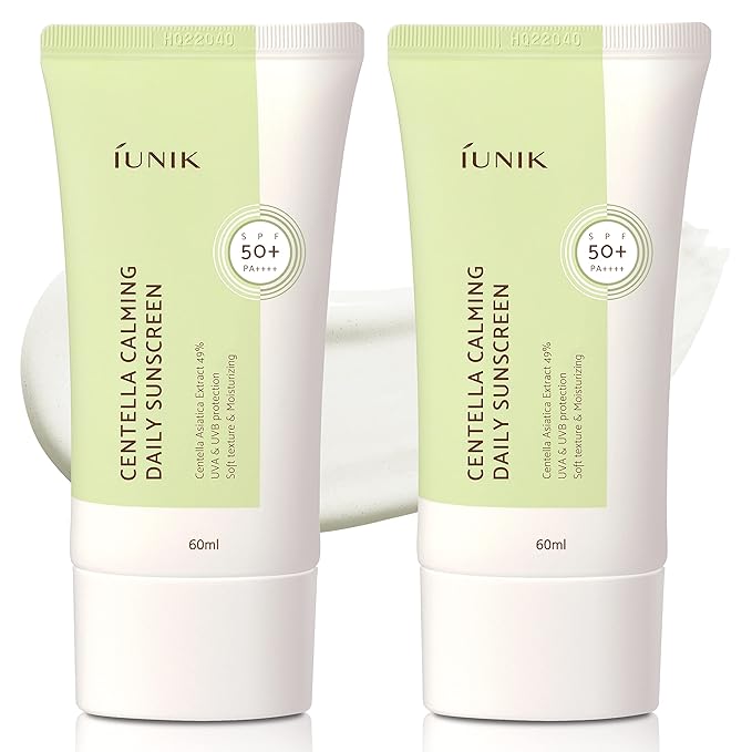 IUNIK Centella Calming Moisture Daily Sunscreen SPF 50+ PA++++ Matte & No White Cast Centella Asiatica Dry Oily Sensitive Vegan Korean Skincare - Pack of 2