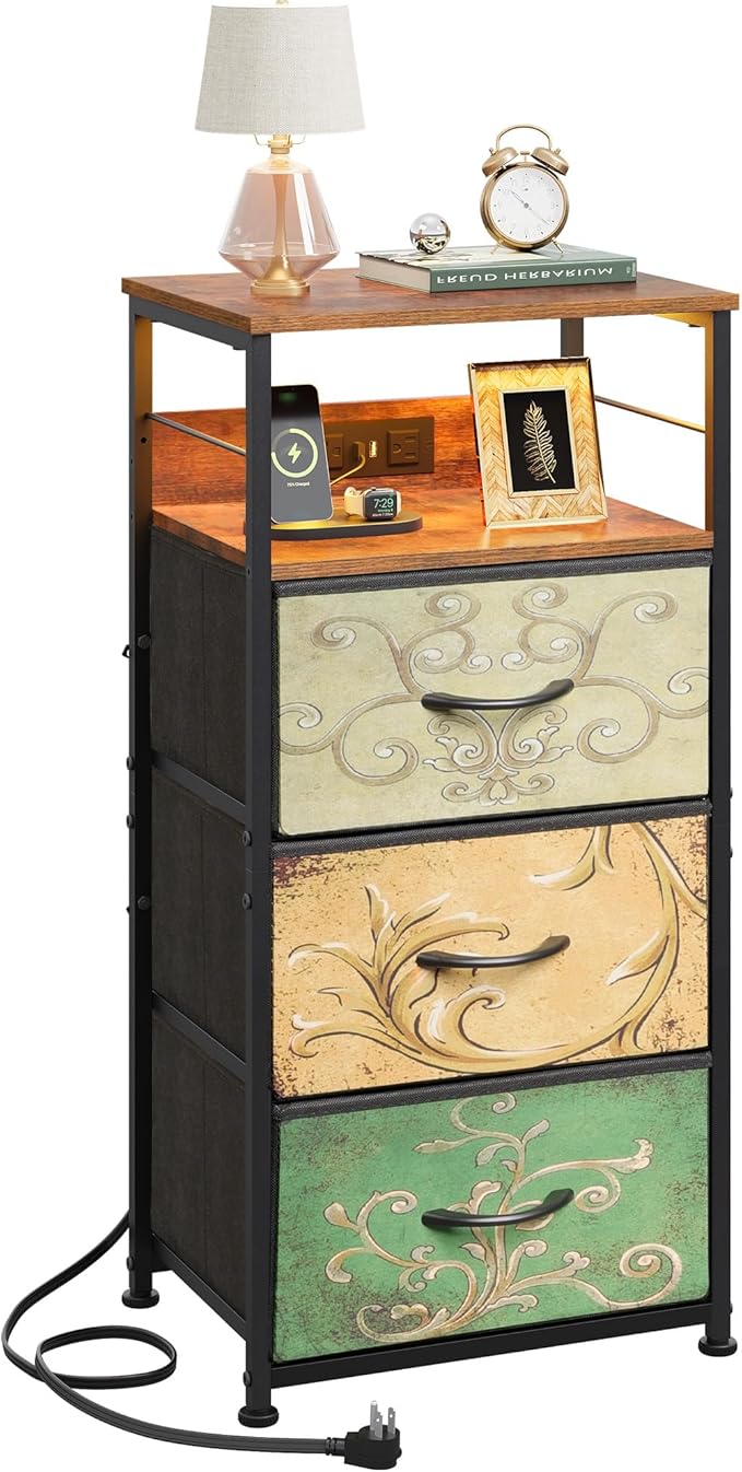 WLIVE Nightstand with Charging Station, 31.9" H Nightstand with 3 Fabric Drawers, LED Bedside Table with USB Ports and Outlets, End Table for Dorm, Bedroom, Entryway, Floral Painted