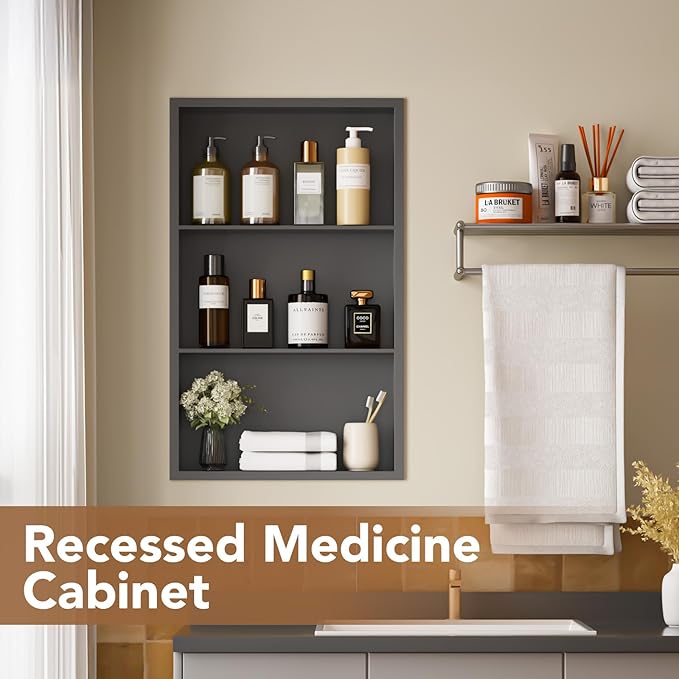 14x24 Recessed Medicine Cabinet, Bathroom Wall Cabinet, 304 Stainless Steel Recessed Wall Niche with 3-Tiers Shelves, Matte Gray