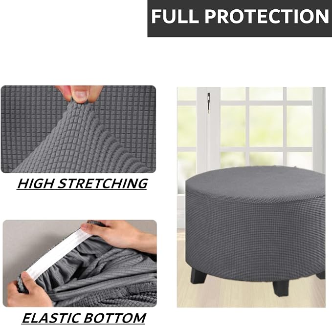 Stretch Ottoman Slipcover – Round Furniture Protector Fits 24"-29" Dia, for Footrests, Storage Ottomans & Folding Stools – Elastic Fabric Cover (Grey, Large)